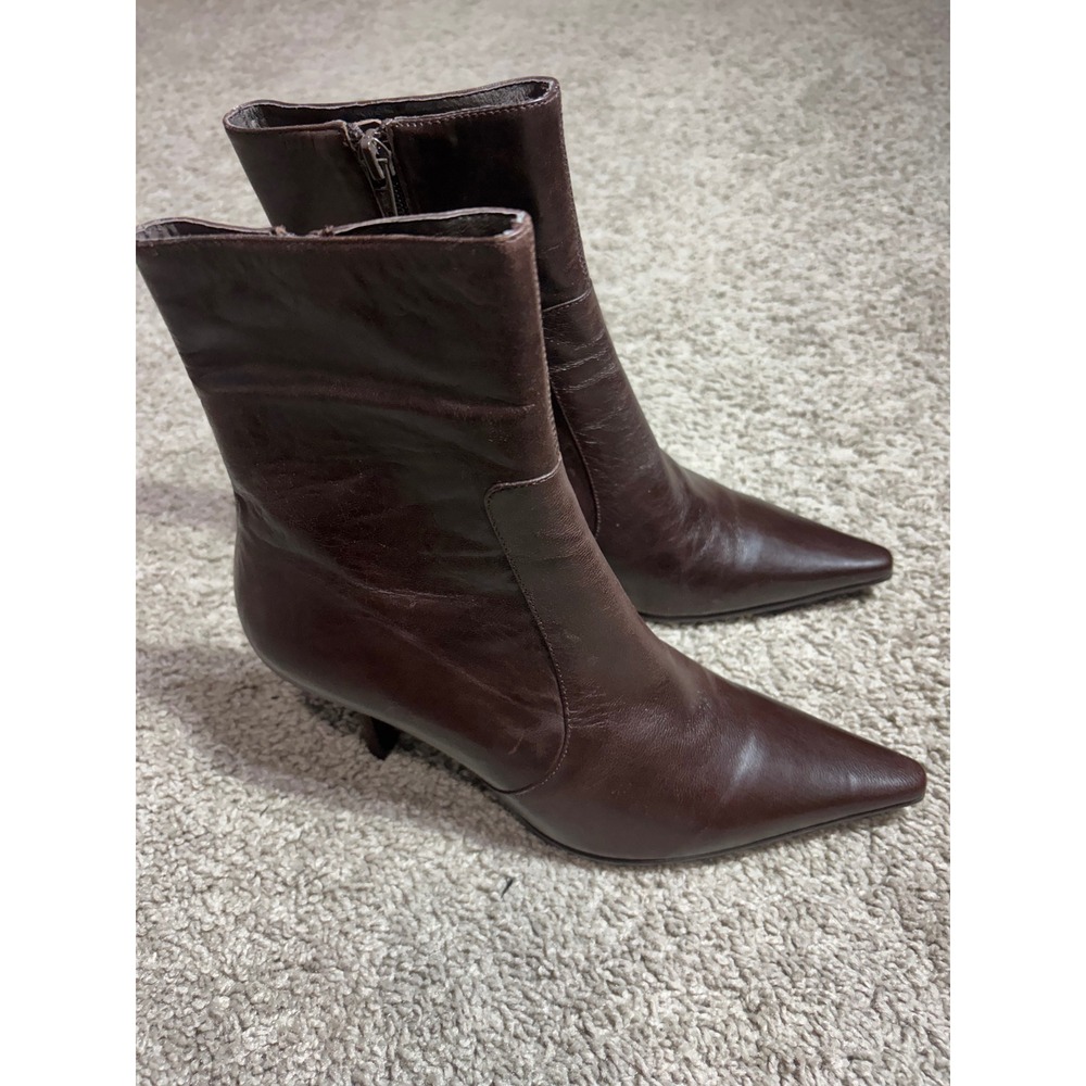 Chocolat Blu KZ-72-058 Dark Brown Leather Pointed Toe Kitten Heel Boots Size 37 - Picture 5 of 8